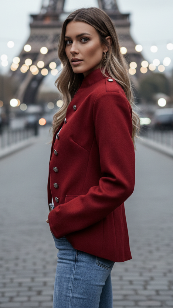 Lumina Vancouver Isabelle casual blazer with gold accents, red fabric, tailored fit, stylish design, and front button closure.