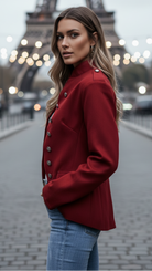Lumina Vancouver Isabelle casual blazer with gold accents, red fabric, tailored fit, stylish design, and front button closure.