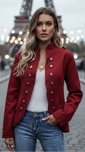 Lumina Wear Isabelle casual blazer with gold accents, shown in red, size S, featuring tailored design and stylish details.