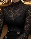 Black floral lace high-neck blouse by Lumina Wear, showcasing intricate lace detail and elegant high neckline.