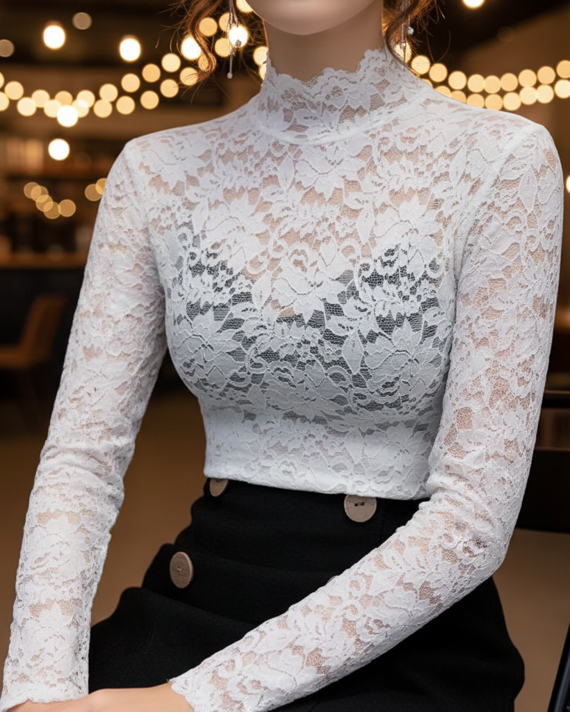Black floral lace high-neck blouse from Lumina Vancouver, featuring intricate lace details and a fitted design.