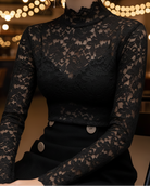 Black floral lace high-neck blouse from Lumina Vancouver, featuring intricate lace details and a elegant high neckline.
