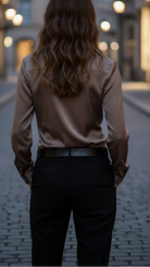 Brown Isabelle lace-up blouse by Lumina Vancouver, front view showing the stylish neckline and fitted design.