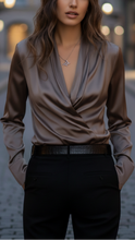 Brown lace-up blouse from Lumina Wear's Isabelle collection, featuring a stylish design and lightweight fabric.