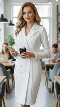 White Isabelle tailored blazer midi dress by Lumina Wear, showcasing a sleek, fitted design with structured blazer details.