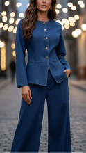 Isabelle tailored denim set by Lumina Wear featuring blue denim jacket and matching pants, styled for a casual look.