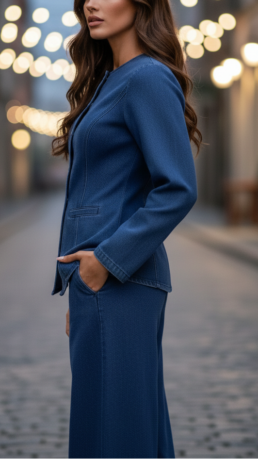 Isabelle tailored denim set by Lumina Vancouver featuring a blue denim top and matching pants, XS size, casual and stylish look