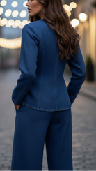 Isabelle tailored denim set by Lumina Vancouver featuring a blue denim jacket and matching jeans, size XS, styled for casual wear.