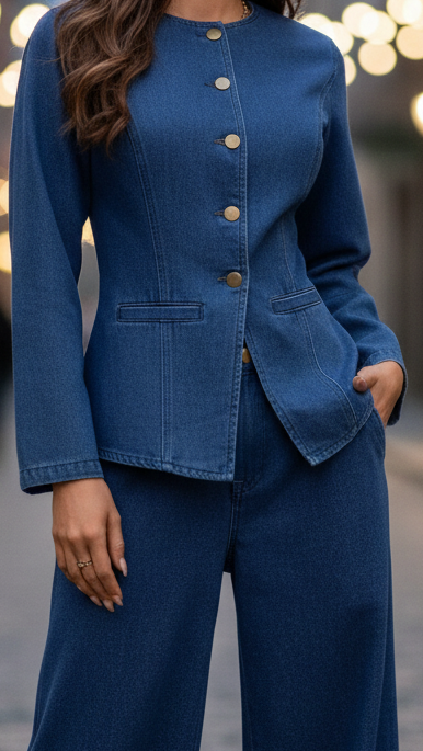 Isabelle tailored denim set by Lumina Vancouver, blue color, includes top and pants, styled for a modern casual look.