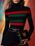 Black Vivid Stripes Turtleneck Top by Lumina Wear, shown on a model, featuring bold colorful stripes and a snug fit.