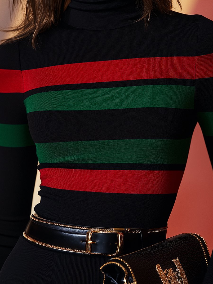 Black Vivid Stripes Turtleneck Top by Lumina Wear, featuring colorful stripes and fitted design, displayed on a mannequin.