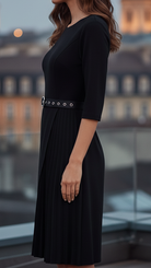 Black Isla belted midi dress with split sleeves by Lumina Vancouver, shown on a mannequin.