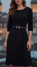 Black Isla belted midi dress with split sleeves by Lumina Wear, displayed on a mannequin.