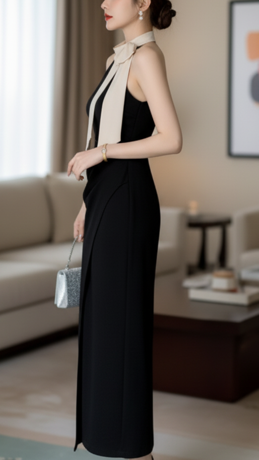 Black Isla halter neck midi dress by Lumina Vancouver, shown on a model with a fitted waist and flowing skirt.
