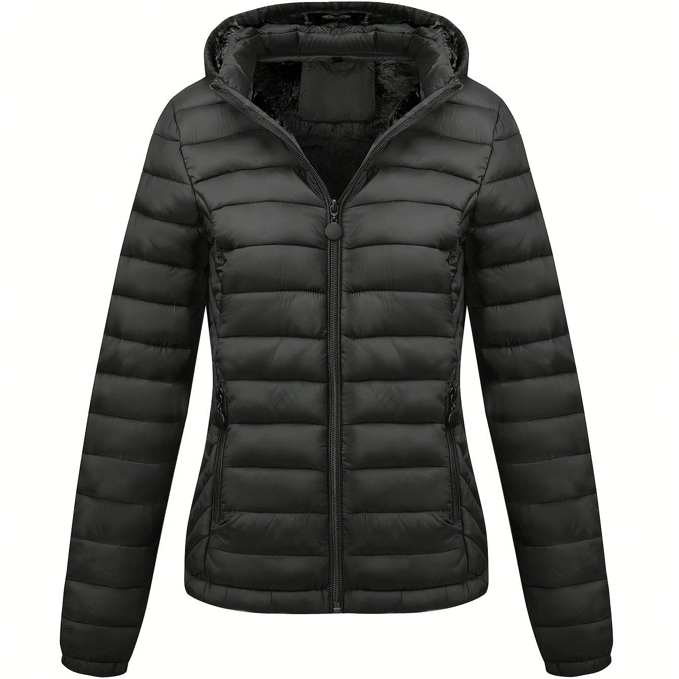 Black Isla Lumina Wear lightweight quilted hooded puffer jacket with fleece lining, shown on a model, size XS.
