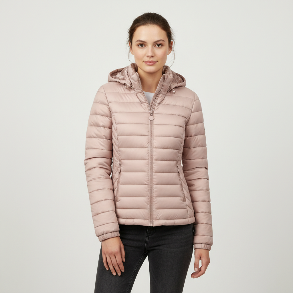 Black Isla Lumina Wear lightweight quilted hooded puffer jacket with fleece lining, showing the jacket's front view and hood.