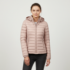 Black Isla Lumina Wear lightweight quilted hooded puffer jacket with fleece lining, showing the jacket's front view and hood.