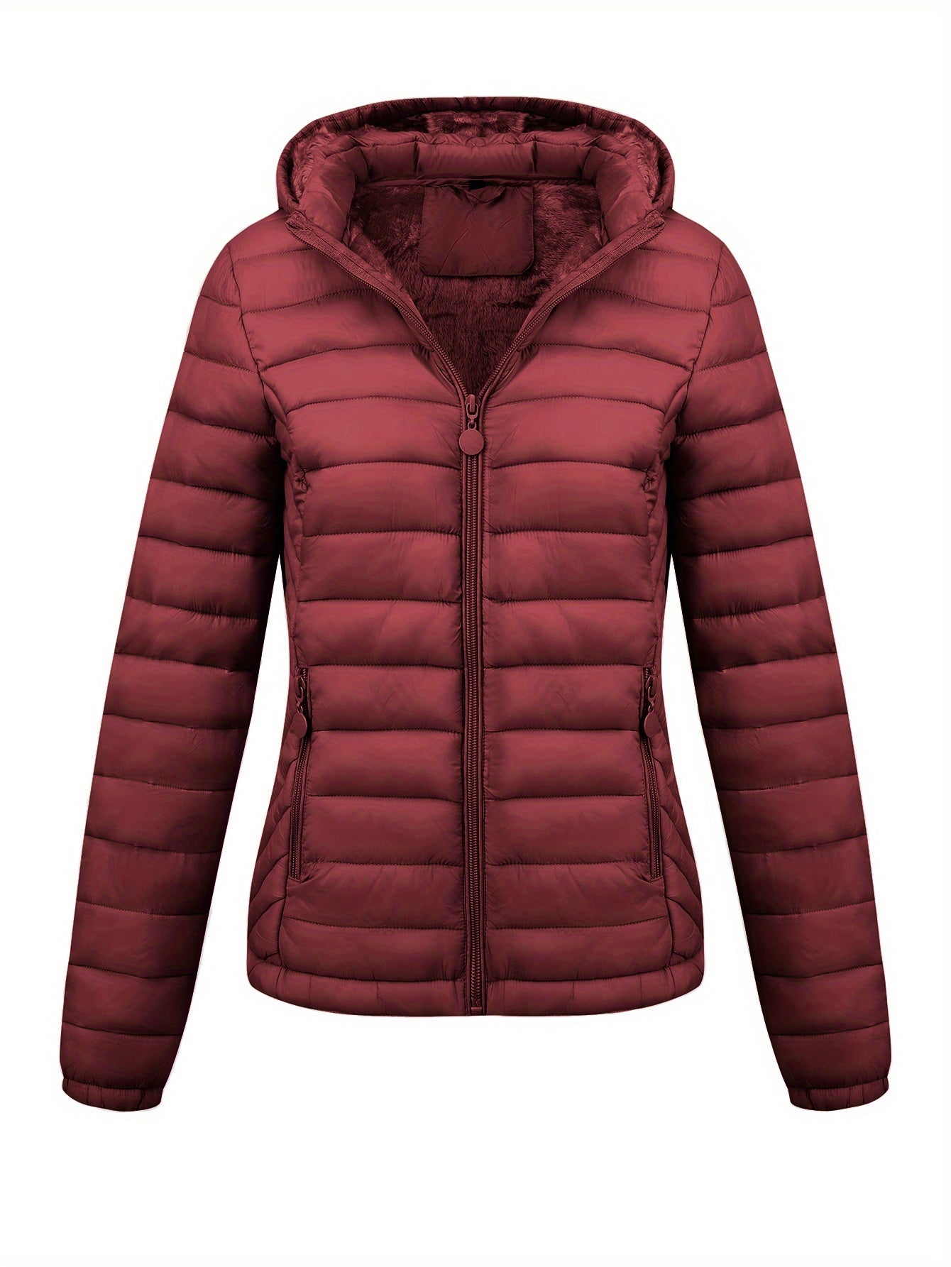 Lumina Wear Isla lightweight quilted hooded puffer jacket with fleece lining in black, shown on a model.