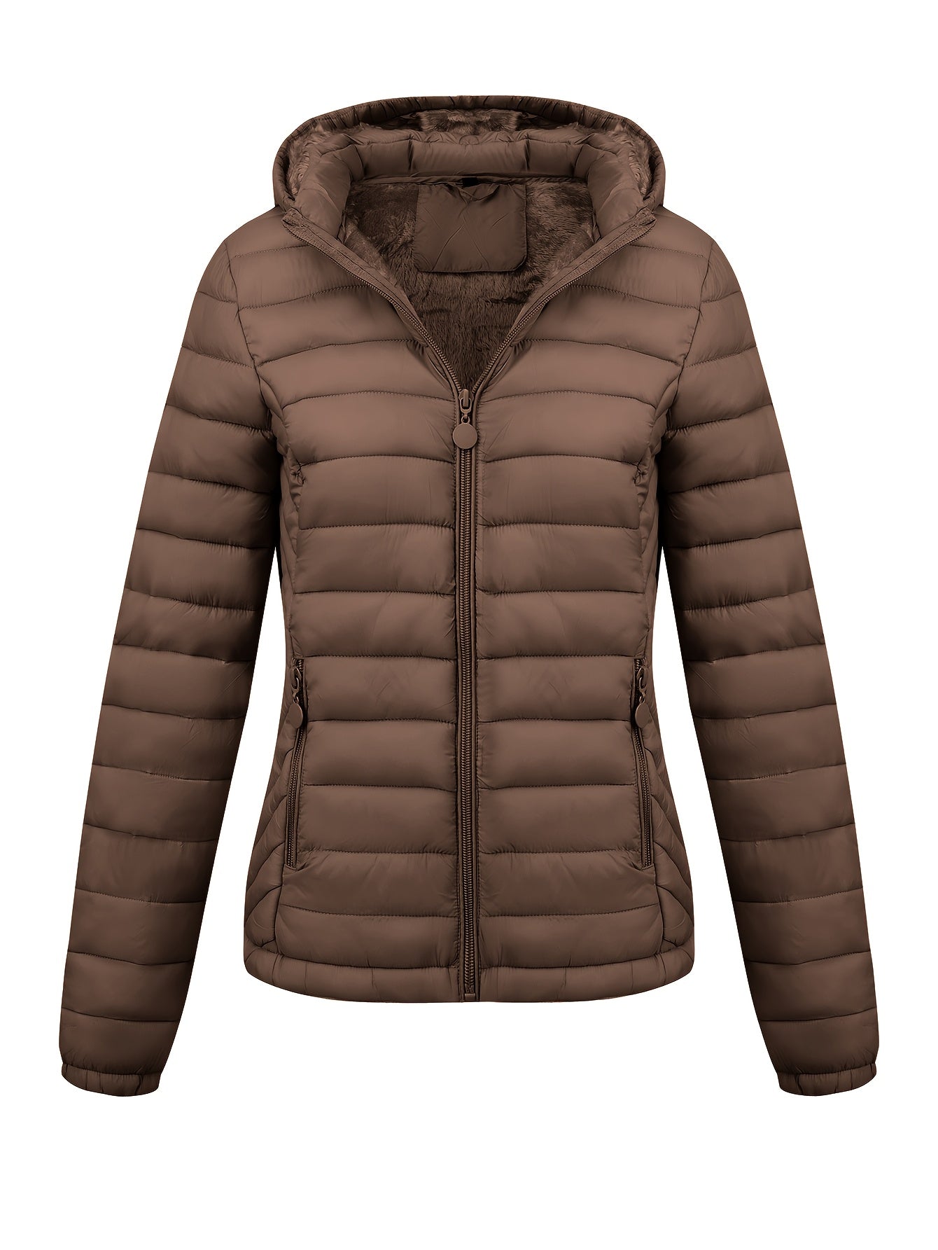 Black Isla lightweight quilted hooded puffer jacket with fleece lining by Lumina Wear, shown on a hanger.