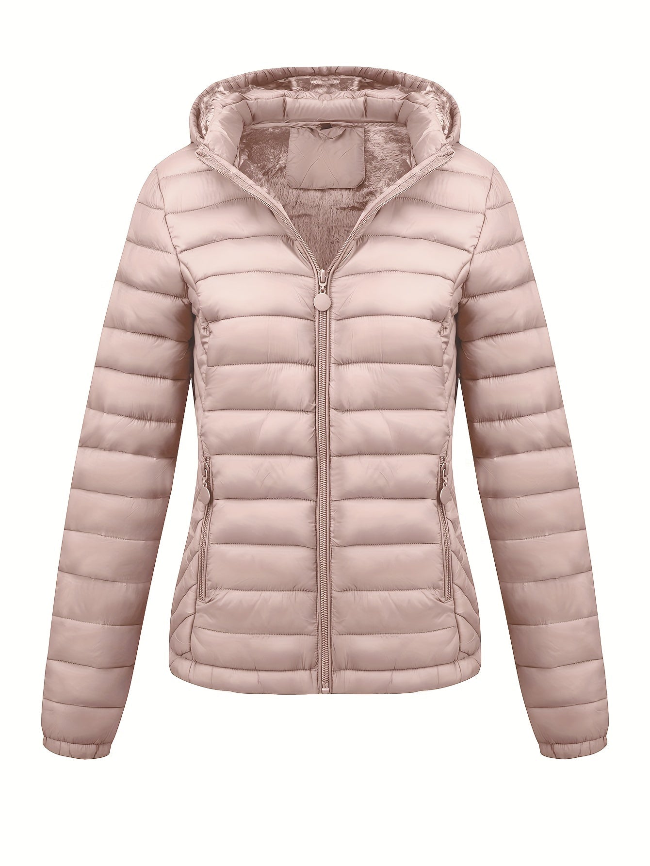 Black Isla Lumina Wear lightweight quilted hooded puffer jacket with fleece lining, shown on a hanger.