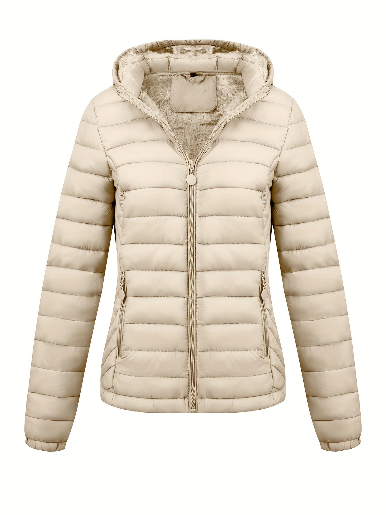 Black Isla Lumina Wear lightweight quilted hooded puffer jacket with fleece lining, shown on a mannequin in XS size.