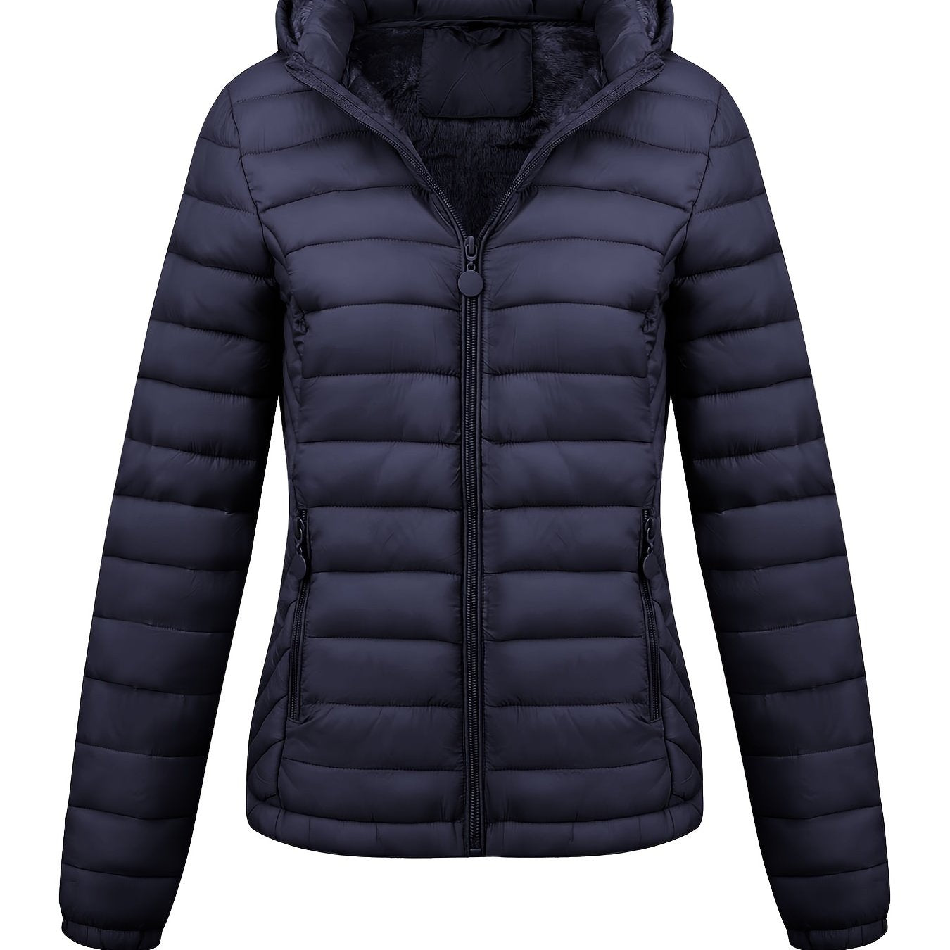 Black Isla Lumina Wear lightweight quilted hooded puffer jacket with fleece lining, shown on a model.