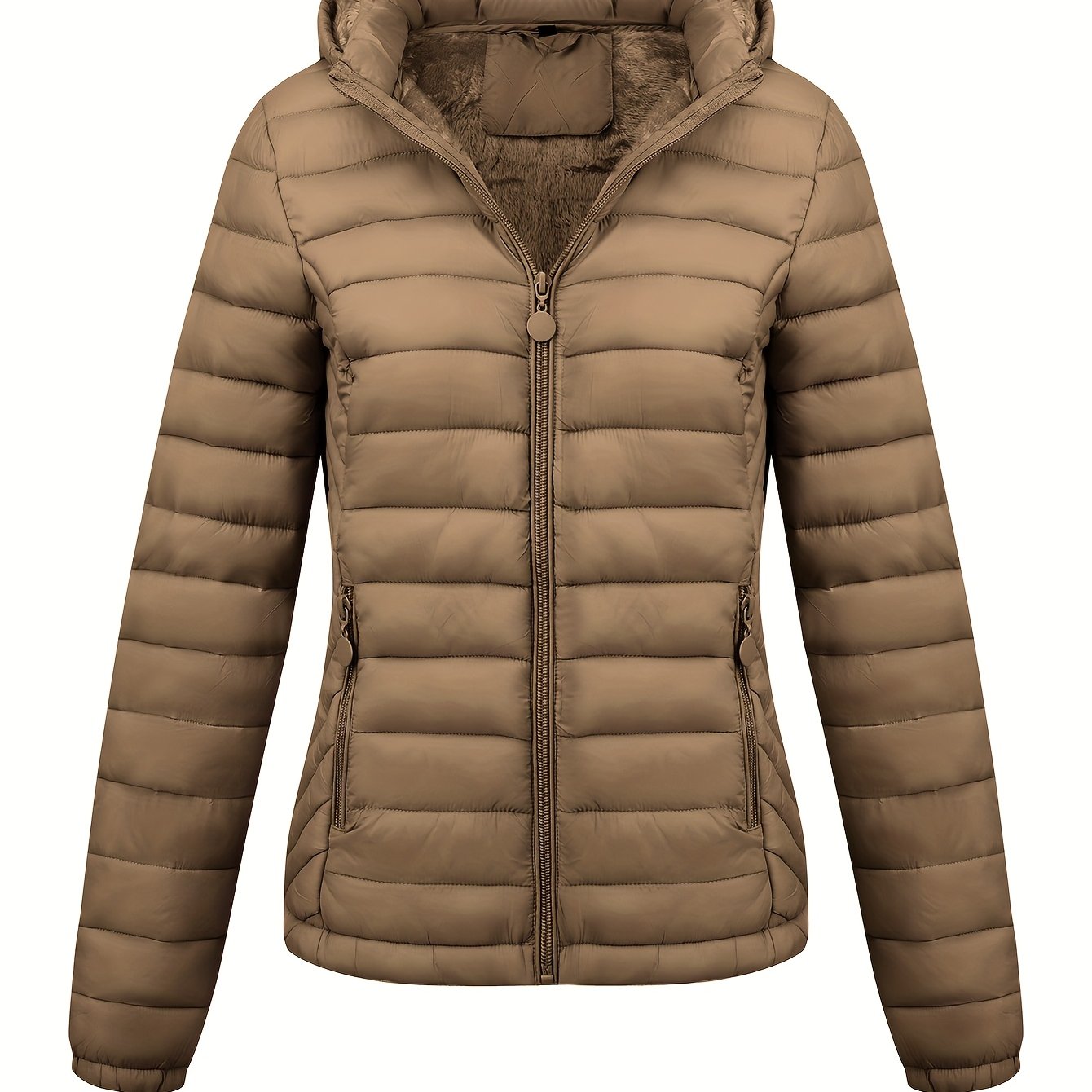 Black Lumina Wear Isla lightweight quilted hooded puffer jacket with fleece lining, shown on a model in size XS.