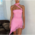 Pink Isla Mirage Collection Lumina Wear bodycon mini dress, fitted design, stylish for evening wear, shown on a model.