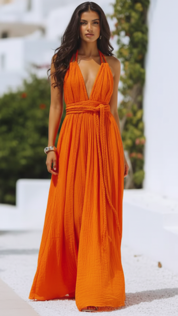 Orange Isla V Neck Halter Pleat Maxi Dress by Lumina Vancouver, featuring a flowing silhouette and elegant pleated design.