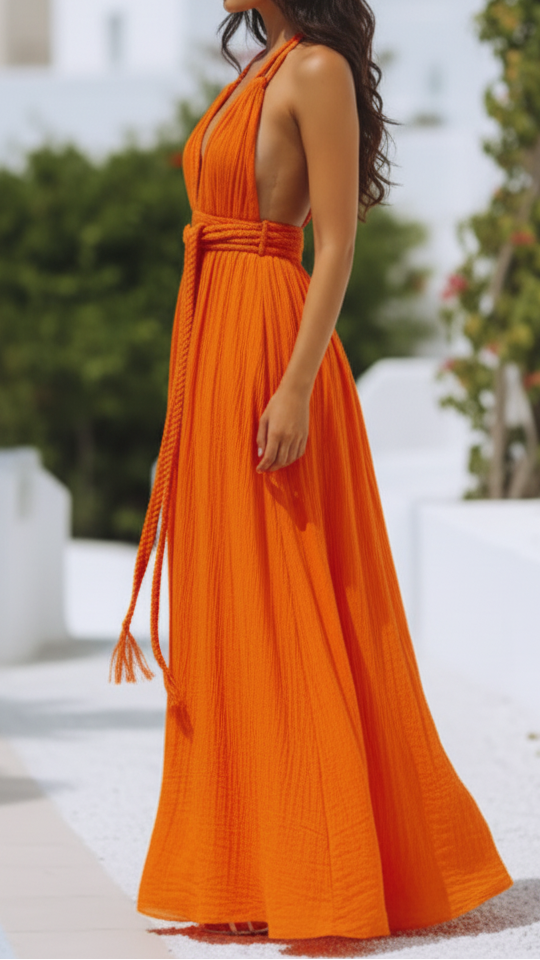 Orange Isla V-neck halter pleat maxi dress by Lumina Vancouver, shown on a model with flowing fabric and elegant design.