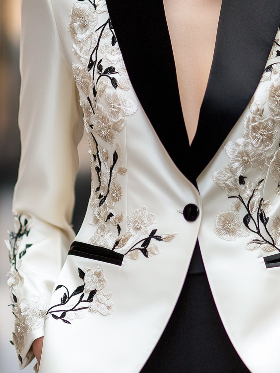 Ivory satin blazer by Lumina Vancouver, shown on a model, featuring a tailored fit and sleek satin fabric for a stylish look.
