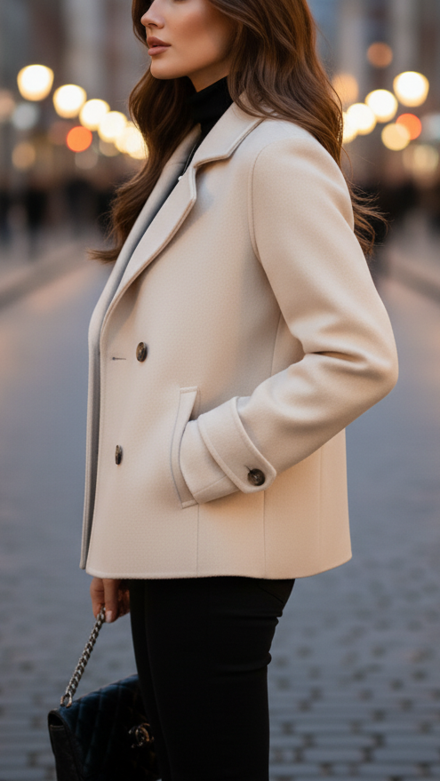 Ivory short double-breasted jacket by Lumina Vancouver, featuring a tailored fit and stylish lapel design.