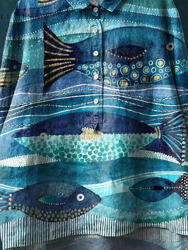 Blue Jace Ocean Art Tee by Lumina Vancouver, featuring a vibrant ocean-themed graphic on soft fabric, in size small.