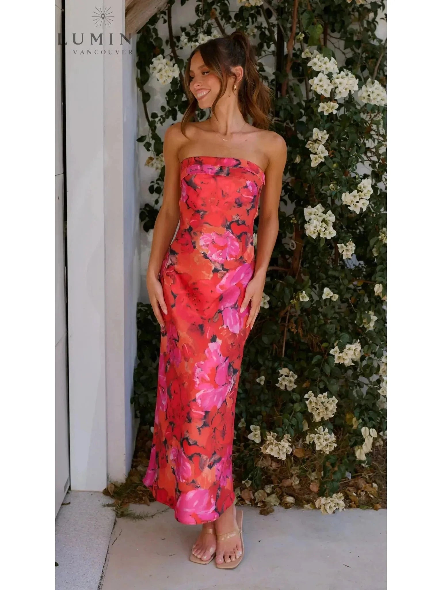 Red Jacyntha strapless summer chic dress by Lumina Vancouver, perfect for wedding guest occasions, shown in size 8-10.