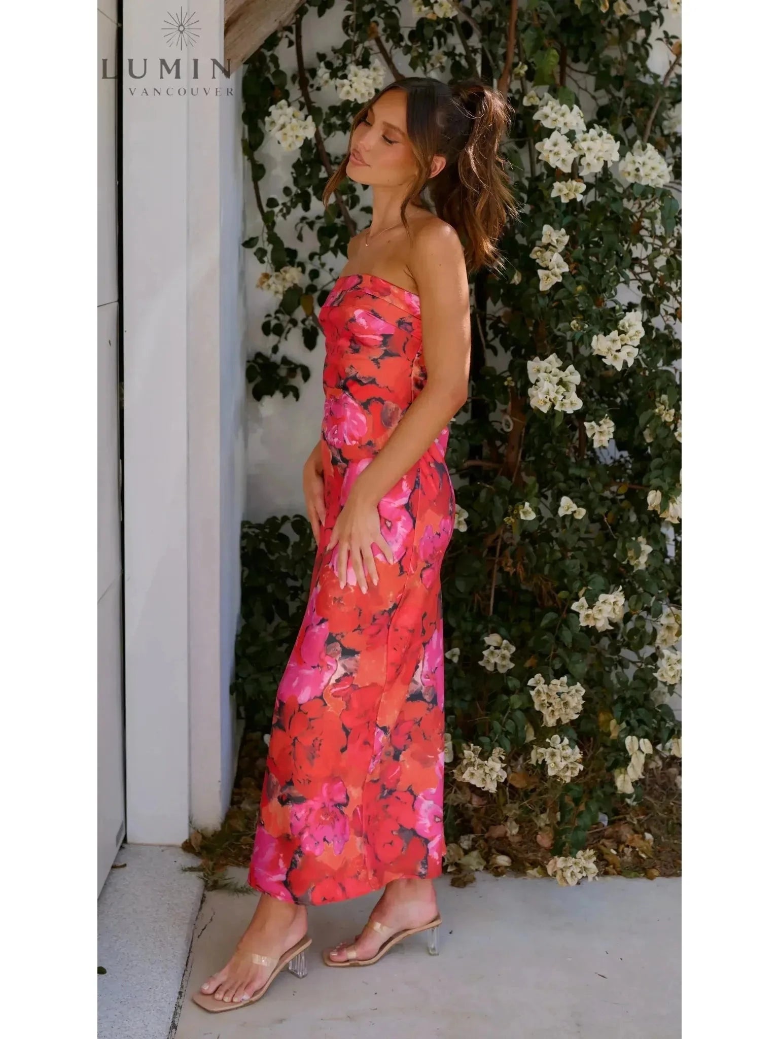 Red Jacyntha strapless summer chic dress by Lumina Vancouver, perfect for wedding guests, shown on a model.