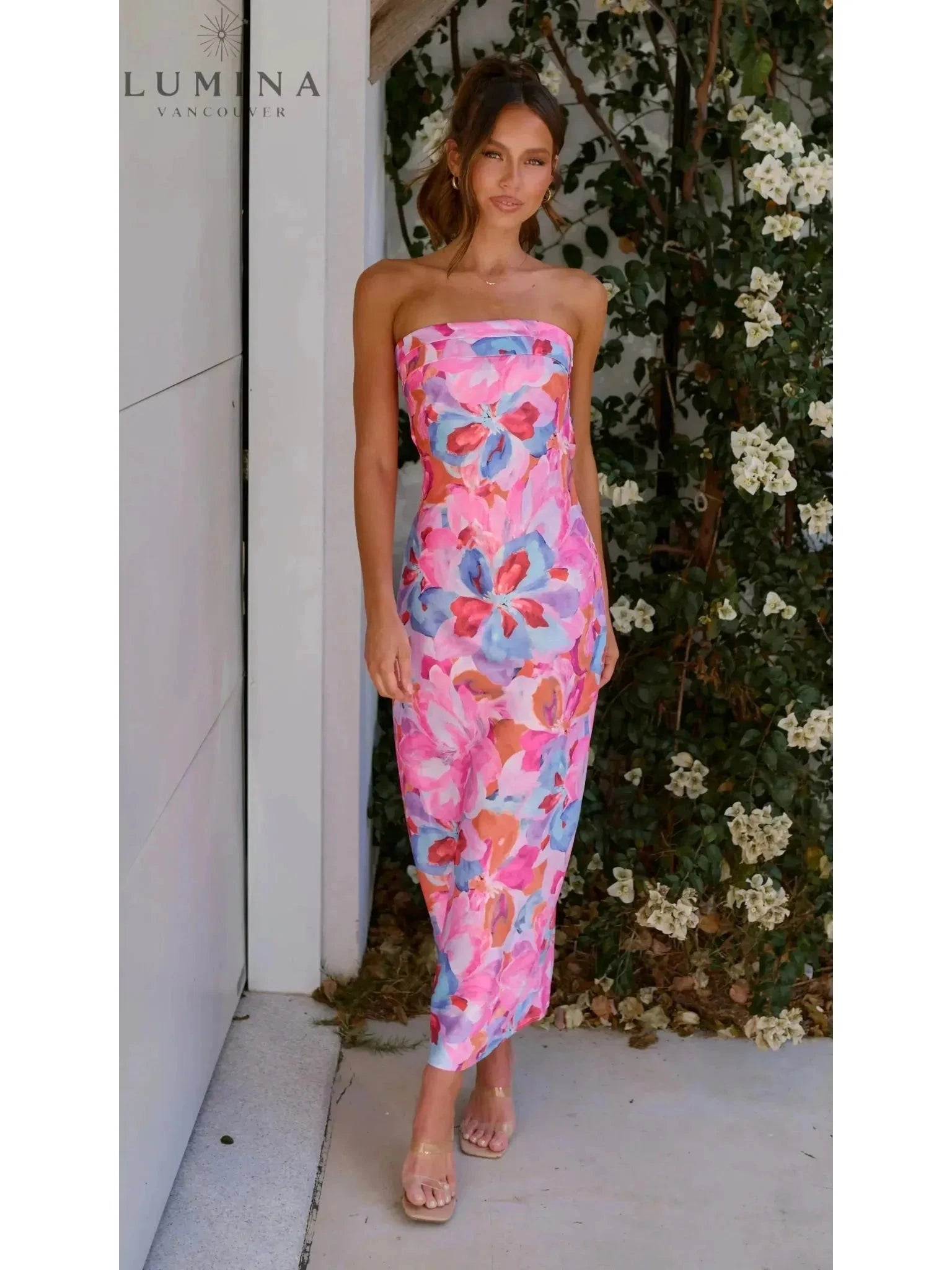 Red Jacyntha strapless summer chic dress by Lumina Vancouver, perfect for wedding guests, shown in size 8-10.