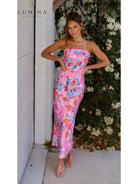 Red Jacyntha strapless summer chic dress by Lumina Vancouver, perfect for wedding guest attire, with a stylish and elegant design.