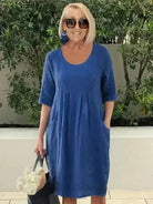 Blue Jana loose dress with pockets by Lumina Vancouver, featuring a relaxed fit and casual style.