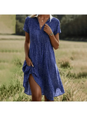Bright blue Jane elegant multi-color dress by Lumina Wear, featuring stylish, flowing fabric and a sophisticated design.