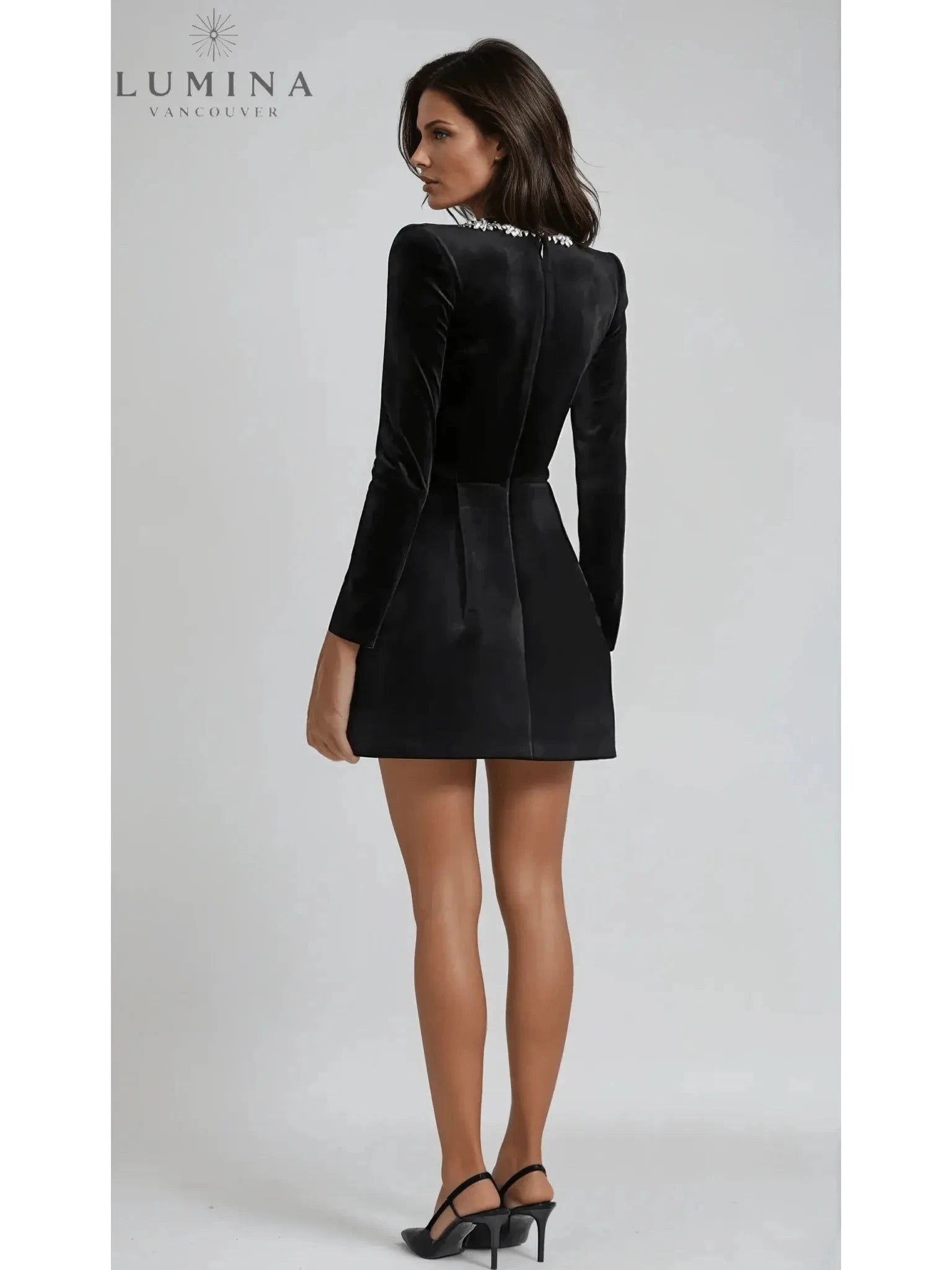 Black Garance Mini Dress from Lumina Vancouver's Isabeau Collection, perfect as a wedding guest dress, size 8-10, limited edition.