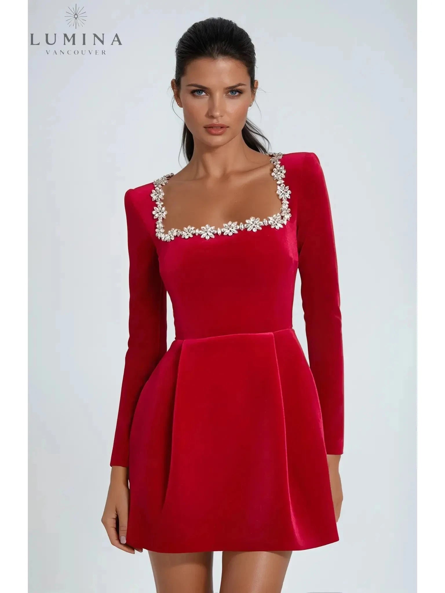 Black Garance Mini Dress from Lumina Vancouver's Isabeau Collection, perfect for wedding guests, shown on a mannequin.