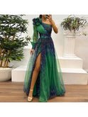 Dark green Judith one-shoulder mesh print maxi dress by Lumina Wear, featuring a stylish asymmetrical design and elegant silhouette.