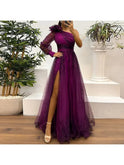 Dark green Judith one-shoulder mesh print maxi dress by Lumina Wear, featuring trendy design and elegant silhouette.