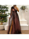 Dark green Judith Lumina Wear one-shoulder mesh print maxi dress displayed on a mannequin.