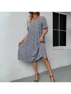 Blue Juliet casual floral printed dress by Lumina Vancouver, featuring a relaxed fit and vibrant floral pattern.