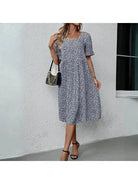 Blue Juliet casual floral printed dress by Lumina Vancouver, featuring a relaxed fit and vibrant flower patterns.