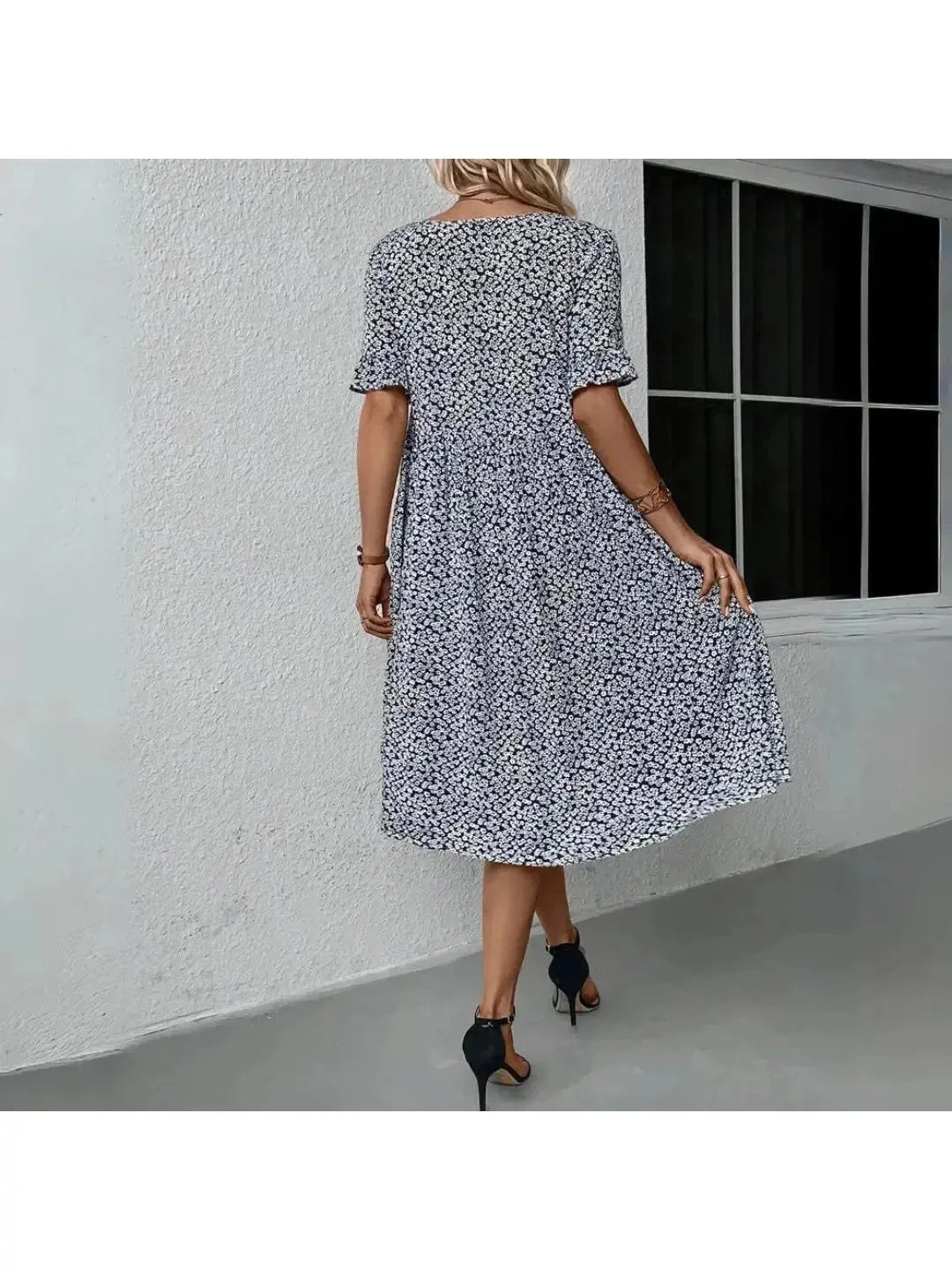 Blue Juliet casual floral printed dress by Lumina Vancouver, featuring a relaxed fit and vibrant floral pattern.