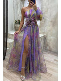 Purple Lumina Wear Kayla one-shoulder floral maxi dress with a flowing silhouette and elegant design, perfect for summer occasions.
