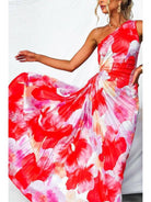 Red Kelsey pleated summer dress by Lumina Vancouver, stylish wedding guest attire with elegant pleats and a flattering fit.