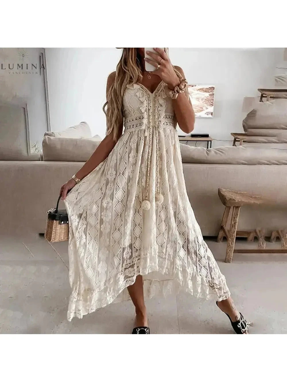 Beige Manon boho dress by Lumina Vancouver, featuring elegant holiday vibes, perfect for summer or festive occasions.